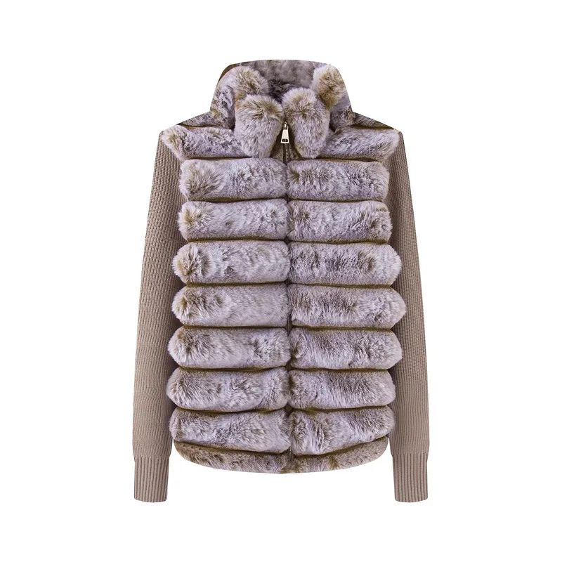 Women Faux Fur Coat Spliced Knitted Sleeves Stand Collar Thick Warm Jacket Luxury Striped Patchwork Winter Outerwear Top