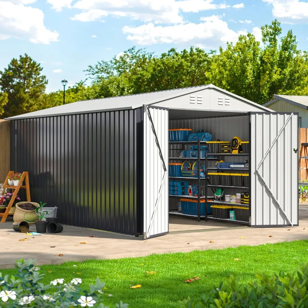 

8x12 FT Outdoor Storage Shed, Large Garden Shed with Updated Frame Structure and Lockable Doors, Metal Tool Sheds for