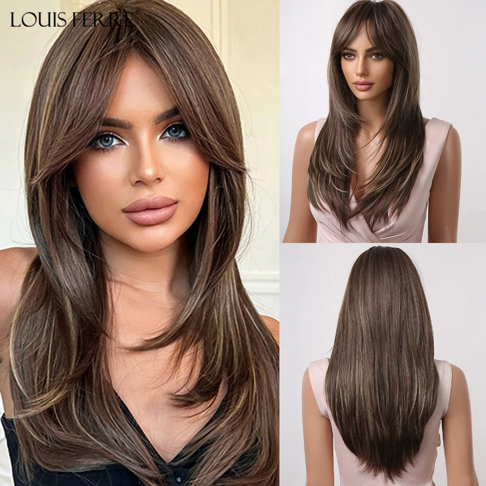 LOUIS FERRE Long Brown Layered Synthetic Wigs With Bangs Caramel Brown Straight Wig Mixed Blonde Highlights Heat Resistant Fibre