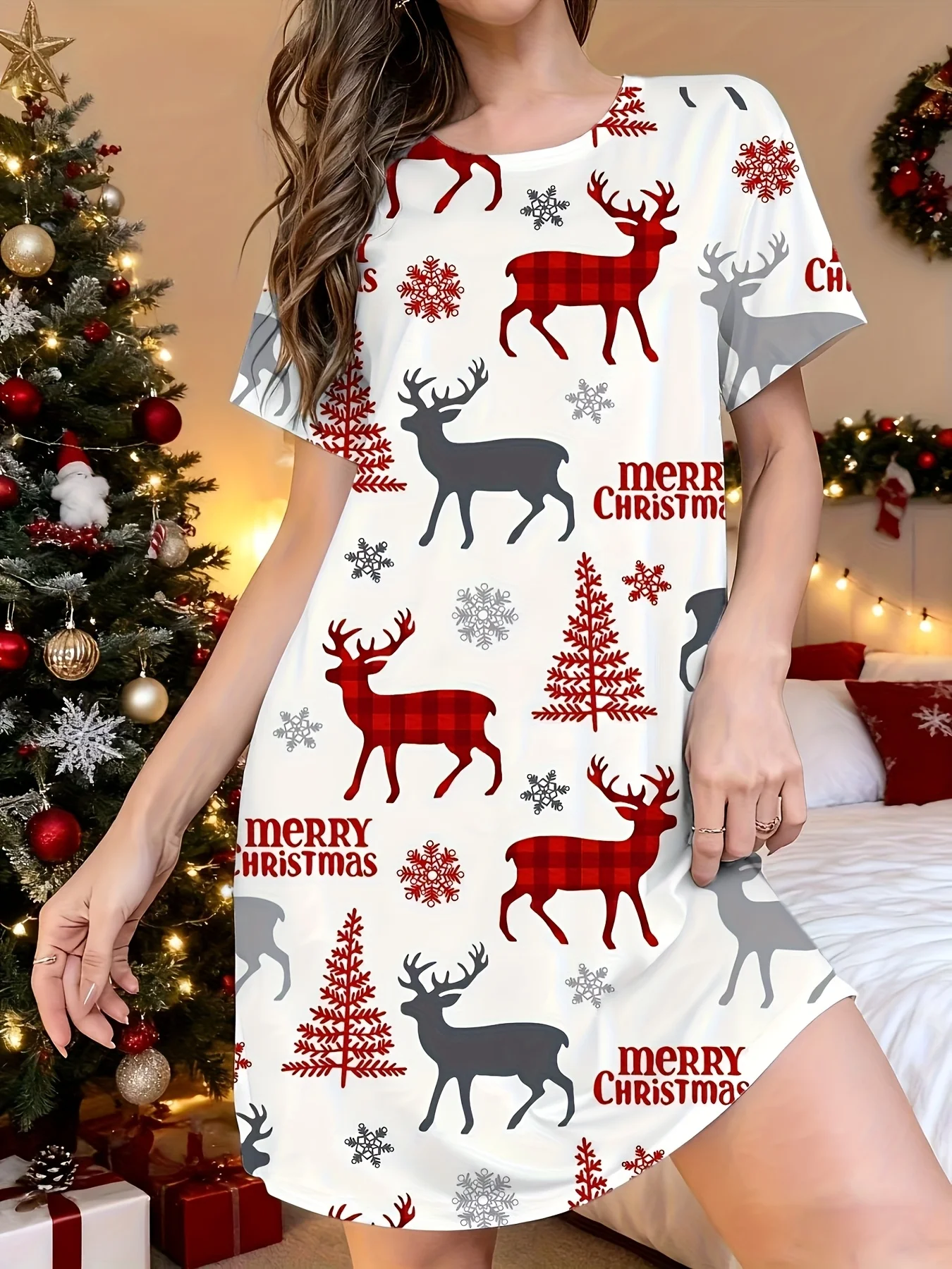  Women's Elegant Christmas Red Plaid Reindeer & Merry Christmas Lettering T-Shirt Dress Short Sleeve A-Line Holiday Party Dress