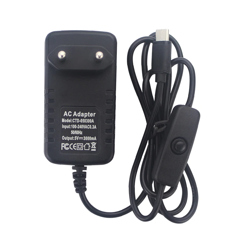 5V 3A Power Supply with ON/OFF Switch EU US UK Plug Charger USB Type-C Power Adapter for Raspberry Pi 4 Orange Pi Zero 3 / 3B
