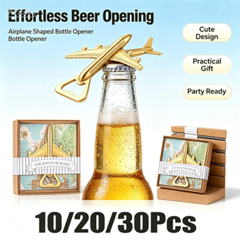 10-30Pcs Airplane Bottle Opener Wedding Favor, Our Adventure Begins Gift Box