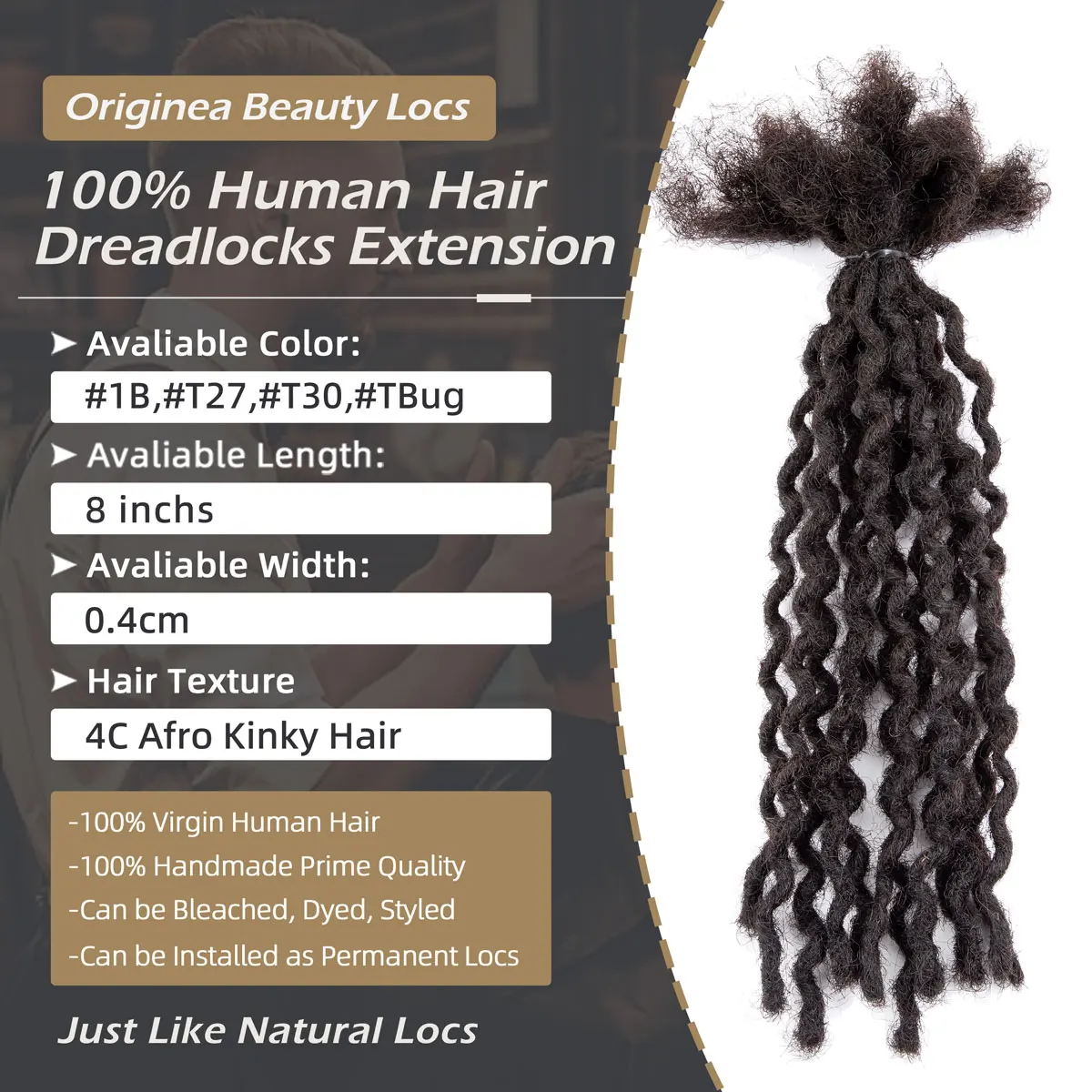 Extensiones de rastas rizadas de cabello humano crudo de 0,4 cm, textura ondulada, rastas permanentes hechas a mano, extensión loc de 8 pulgadas