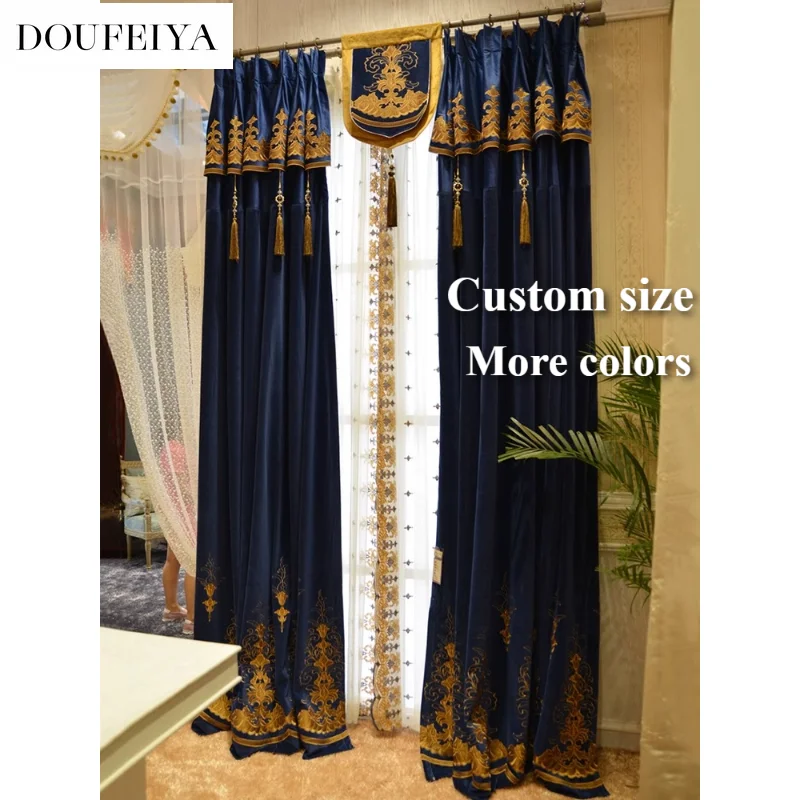 

European Dark Blue Blackout Luxury Grace Curtains for Living Room Bedroom Dining Hall Custom Size Retro Door screen Decor Tulle