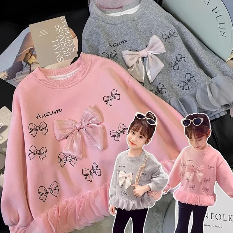 2-13Years Toddler Kids Long Sleeve Hoodies for Girls Cute Bow Full T Shirts Baby Girl Pullover Tops in Pink Gray 4 5 6 7 8 9 10