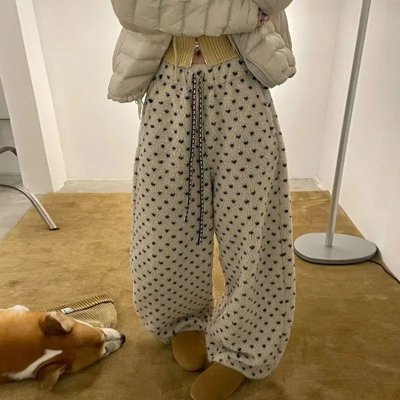 Love Polka Dots-broek Koreaanse herfst en winter Woon-werkverkeer Wollen geruite broek Losse rechte casual broek met trekkoord Nieuw