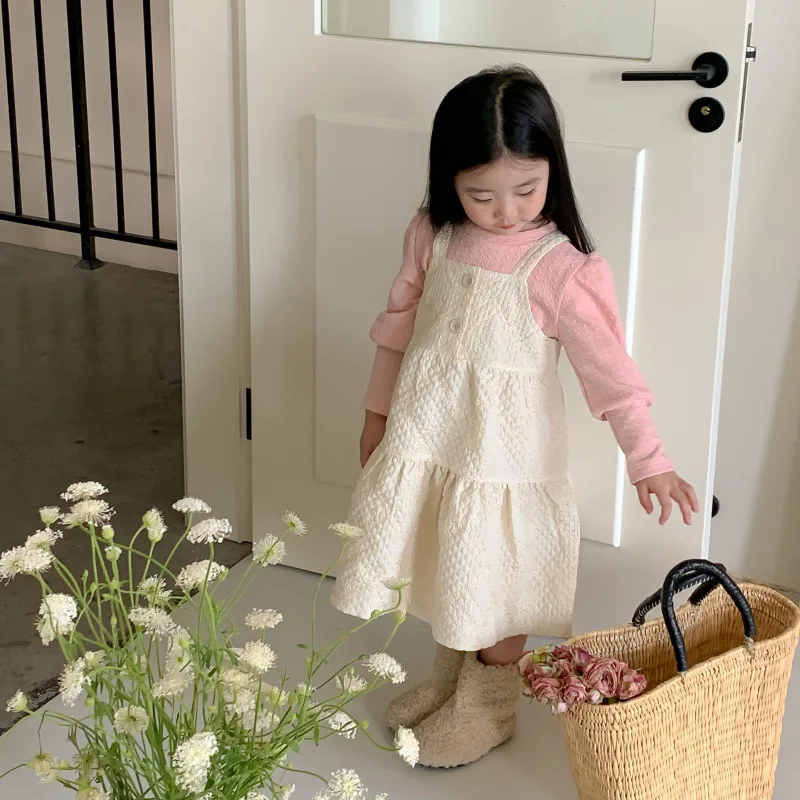 

Осеннее платье для девочек 2022, осенний комплект в западном стиле, Детская рубашка с рукавами-фонариками и подкладкой, однотонное платье на бретелях, комплект из двух предметов