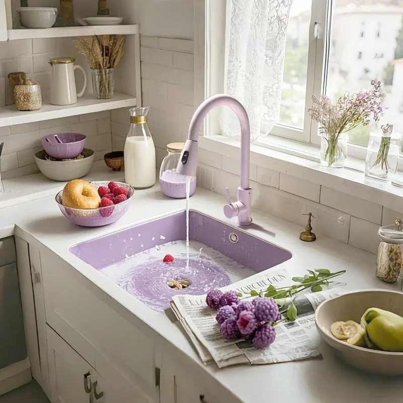 Taro Purple Quartz Stone Large Single Slot Color Kitchen Sink Sink Hand Seamless Integration Warm and Soft Feel Silent.