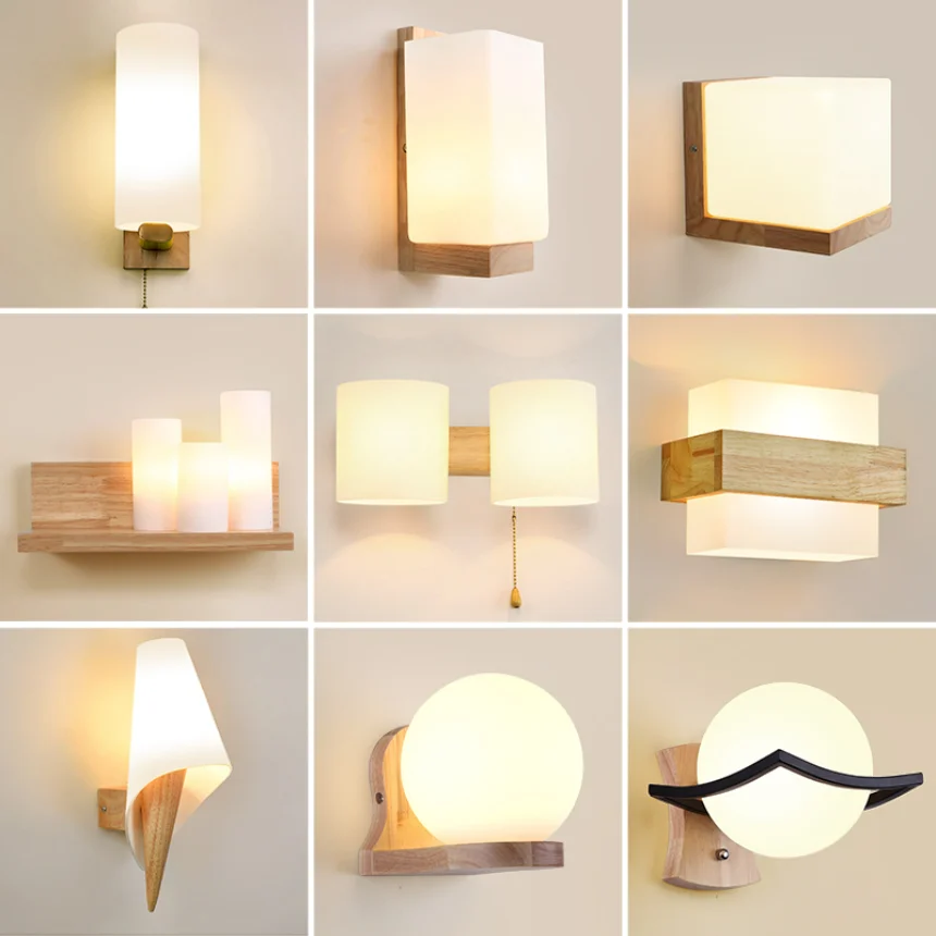 

Japan Wooden Wall Sconce Lights for Bedroom Bedside Hotel Background Decoration Lighting Fixtures Glass Modern Wood Lamp Nordic