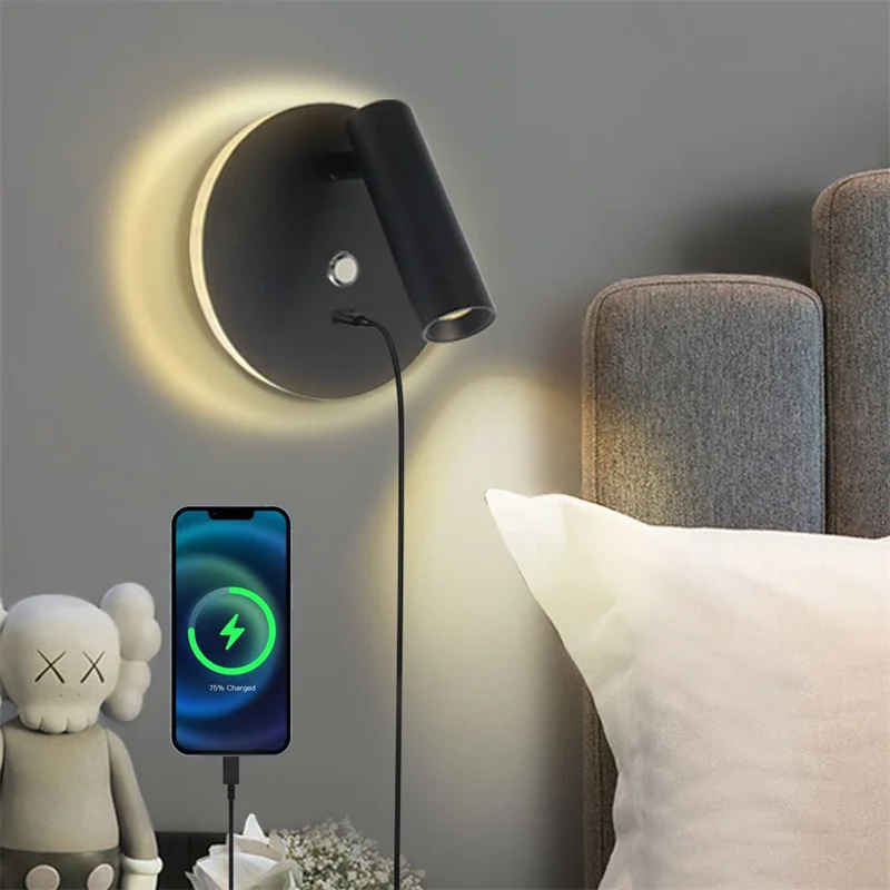 

Dimmable LED Reading Wall Lamp with Switch USB Charging for Study Bedroom Bedside Sconce Room Decor Backlight Fixture AC110-220V