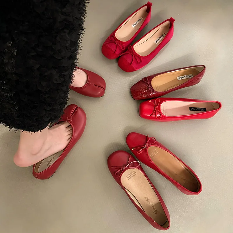 2024 Spring New Red Women Flat Fashion Round Toe Bow-knot Slip On Ballerinas Shoes Soft Flat Ladies Casual Dress Ballet Sh