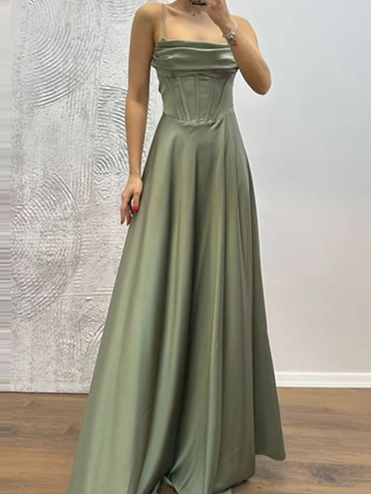 Abito elegante con bretelle drappeggiato con spalle scoperte Abiti slim solidi senza maniche sexy senza maniche Abito da festa lungo in raso a vita alta