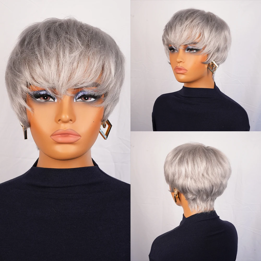 

Silvery Grey Pixie Cut Human Hair Wig with Bangs Remy Brazilian Glueless Short Layered Pixie Cut Wig Straight Bob for Women