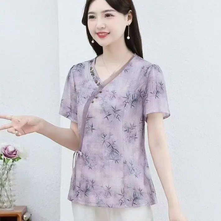

New Chinese Style Elegant Women's Summer Fashion V-Neck Short Sleeve Shirt
