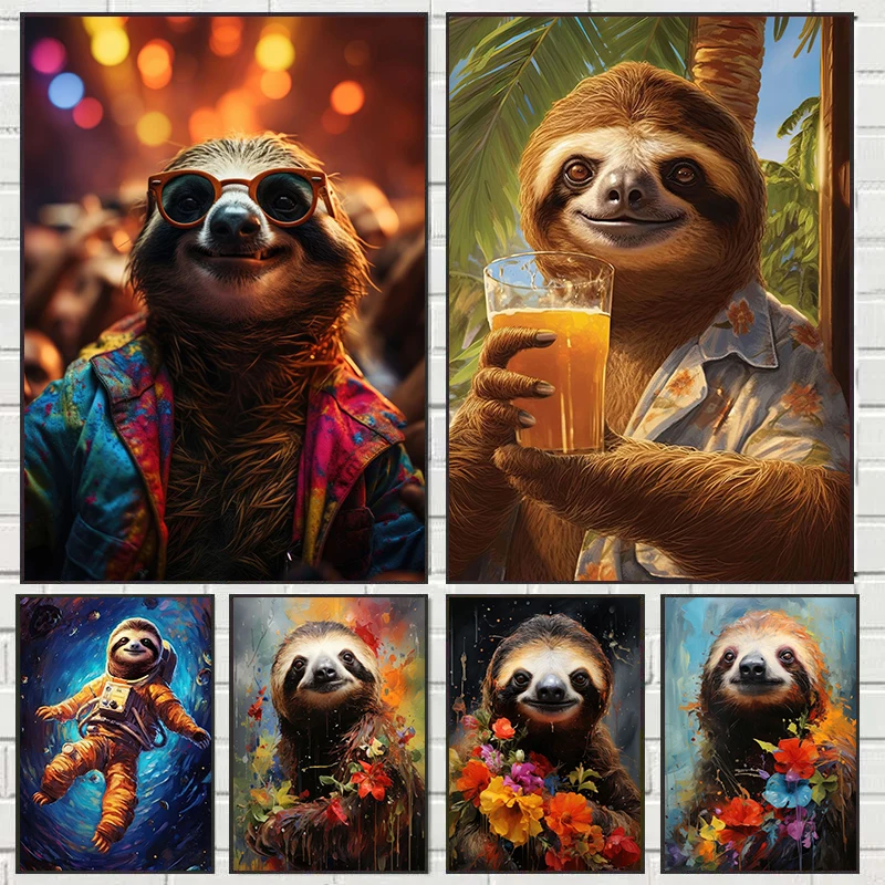 Cute Animal Sloth Flower Drink Poster Canvas Painting Print Funny Wall Art Picture for Kid Bedroom Home Decoration Gift Cuadros