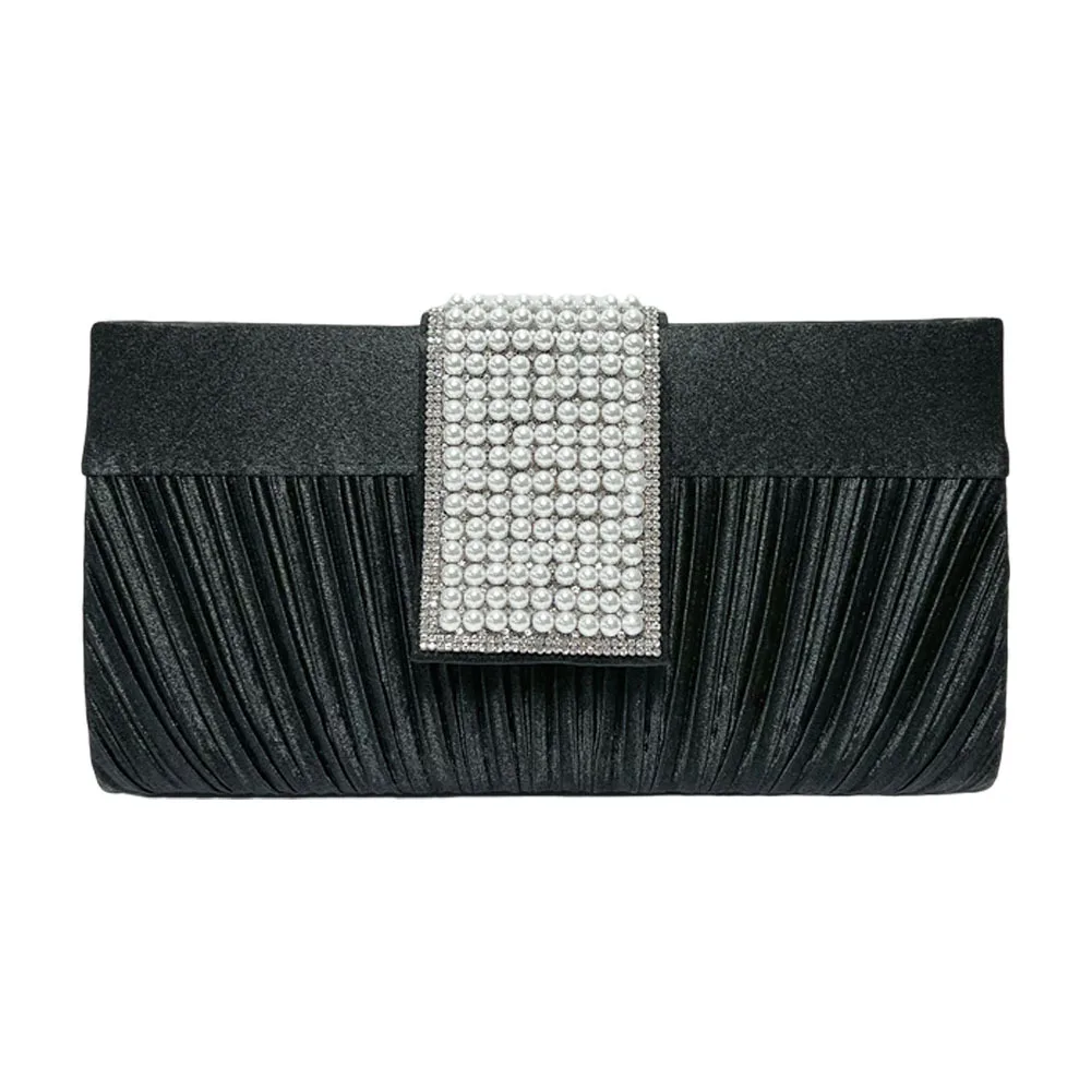 2026 Black Pleated Satin Pearl Rhinestone Decor Long Frame Clutch Women Chic Luxury Evening Handbag For Wedding Runway Formal