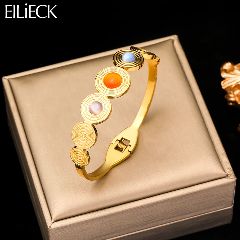 EILIECK 316L Stainless Steel Round Colorful Stone Bangles Bracelets For Women Girl New Trendy High Quality Wrist Jewelry Gift