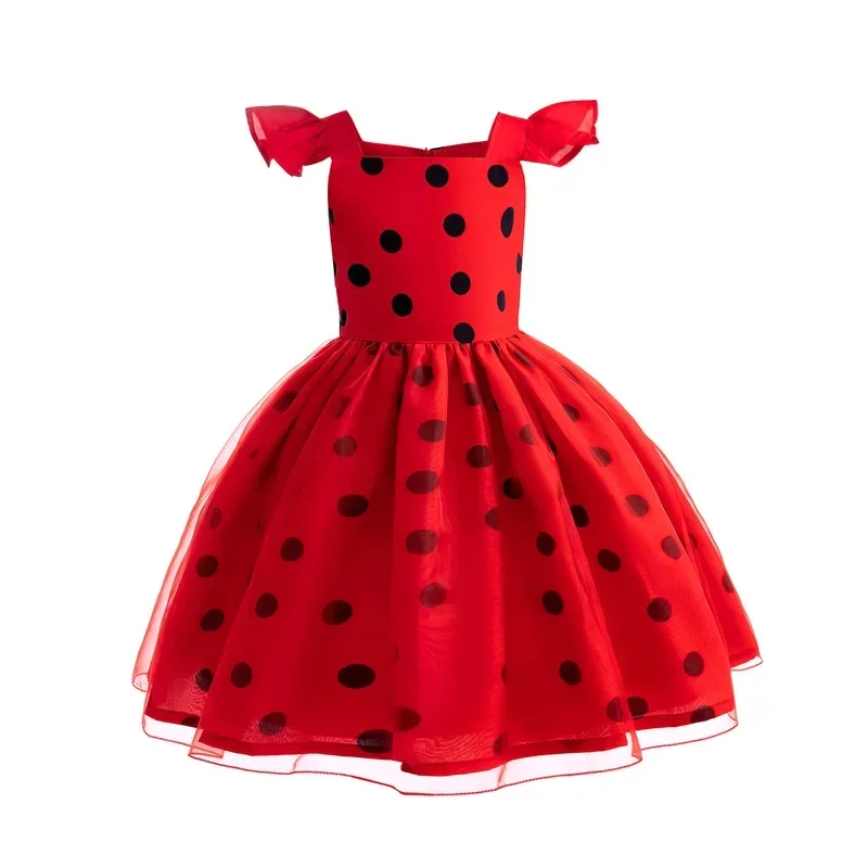 New 2025 Halloween Lady Girls bug Birthday Party Dress Toys Earrings Retro Costume Kids Clothes Black Dot Carnival Cospla wat158