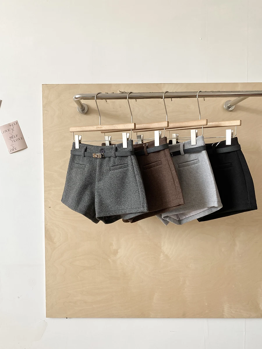 High Waist A-Line Shorts Women's Belted Tweed Casual Pants Autumn Winter Versatile Slimming Commute Friendly Polyester Fiber