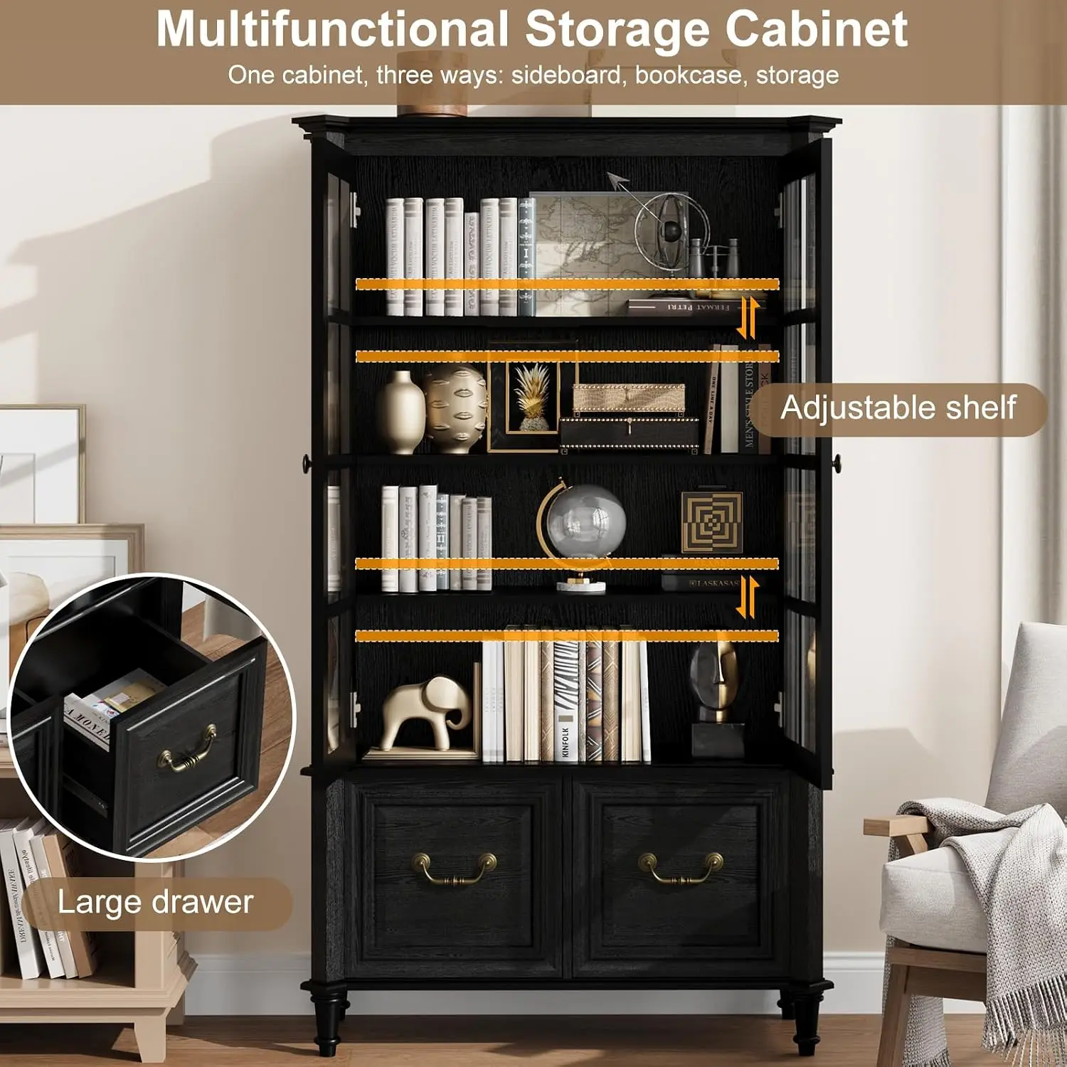 63 Inch Tall Display Storage Cabinet With Glass Doors Solid Wood Legs 2 Drawers Adjustable Shelves Vintage Curio Bookcase Freestanding Bookshelf For Living Room Office Dining Room Home Furniture Black - view 4