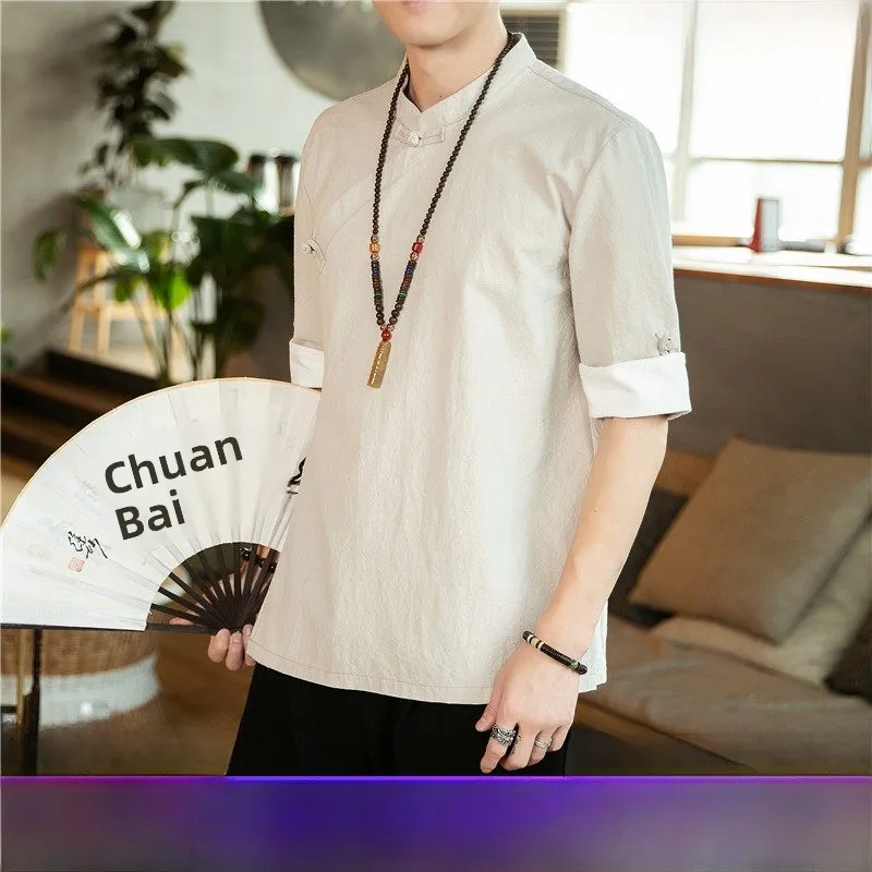 

Spring Summer Men's ort Sve Hanfu irt Slanting Lapel Collar Daoist Robe Zen Clothing Layman's Clothing Ethnic Sle irt