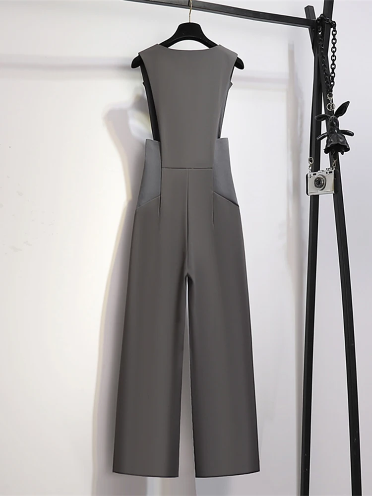 EWQ Elegant Style Chic Jumpsuit Women Solid Color Sleeveless Notched Irregular Patchwork Jumpsuits Winter Spring 2024 New SN5373