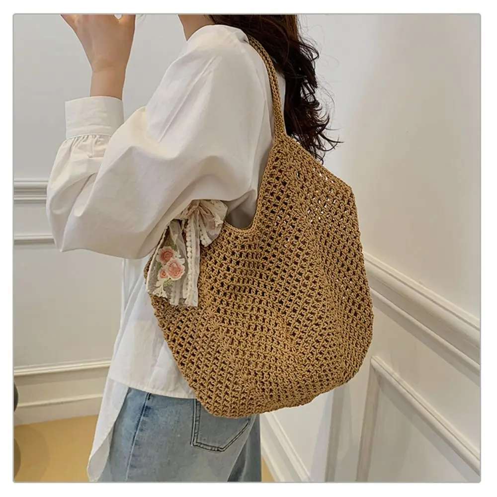 

Solid Color Women Knitting Shoulder Bag Hollow Out Large Capacity Crochet Tote Bag with Bowknot Ribbon Spacious