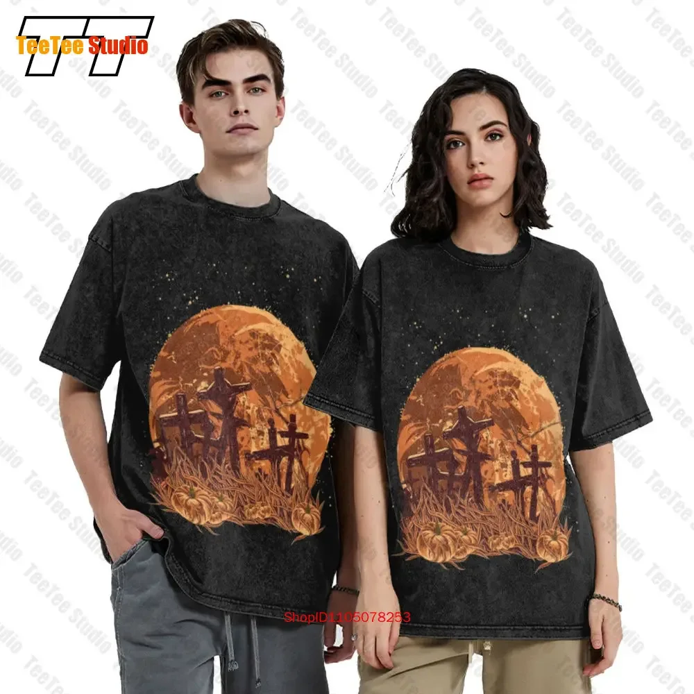 Idea Moon Graves Creepy Graveyard Horror Pumpkin Vintage Oversized T-Shirt 1XIG