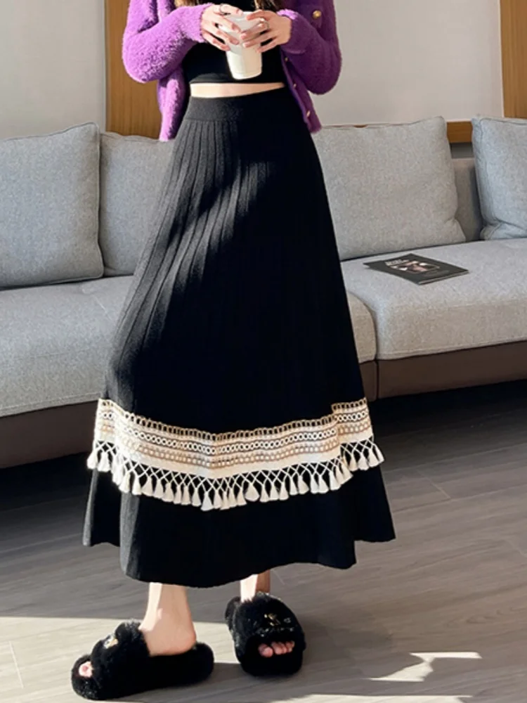 SMTHMA المرأة 2025 الخريف/الشتاء لينة عالية الخصر ألف خط كبير سوينغ تنورة مع مائة أضعاف شرابة الربط محبوك تنورة طويلة #5