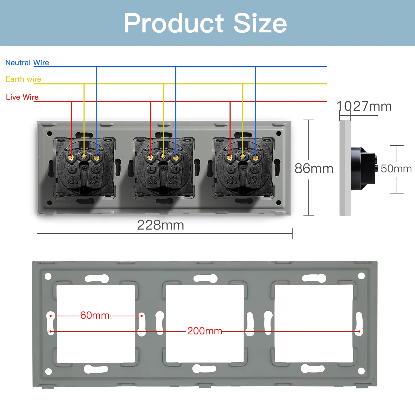 Bseed Triple EU Russia Standard Wall Power Socket Crystal Glass Panel White Grey Black Glod 110-240V Electrical Plug