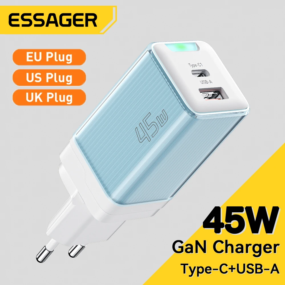 

Essager GaN 45W USB Charger Fast Charger PD QC 3.0 USB C Charger Quick Charger For iPhone 14 13 Travel Charger for Samsung S21