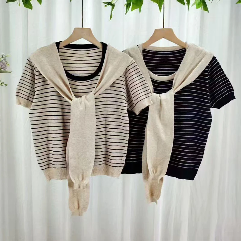 Women Round Neck Striped Fake Two-piece Casual Short Sleeve T-shirt With Scarf