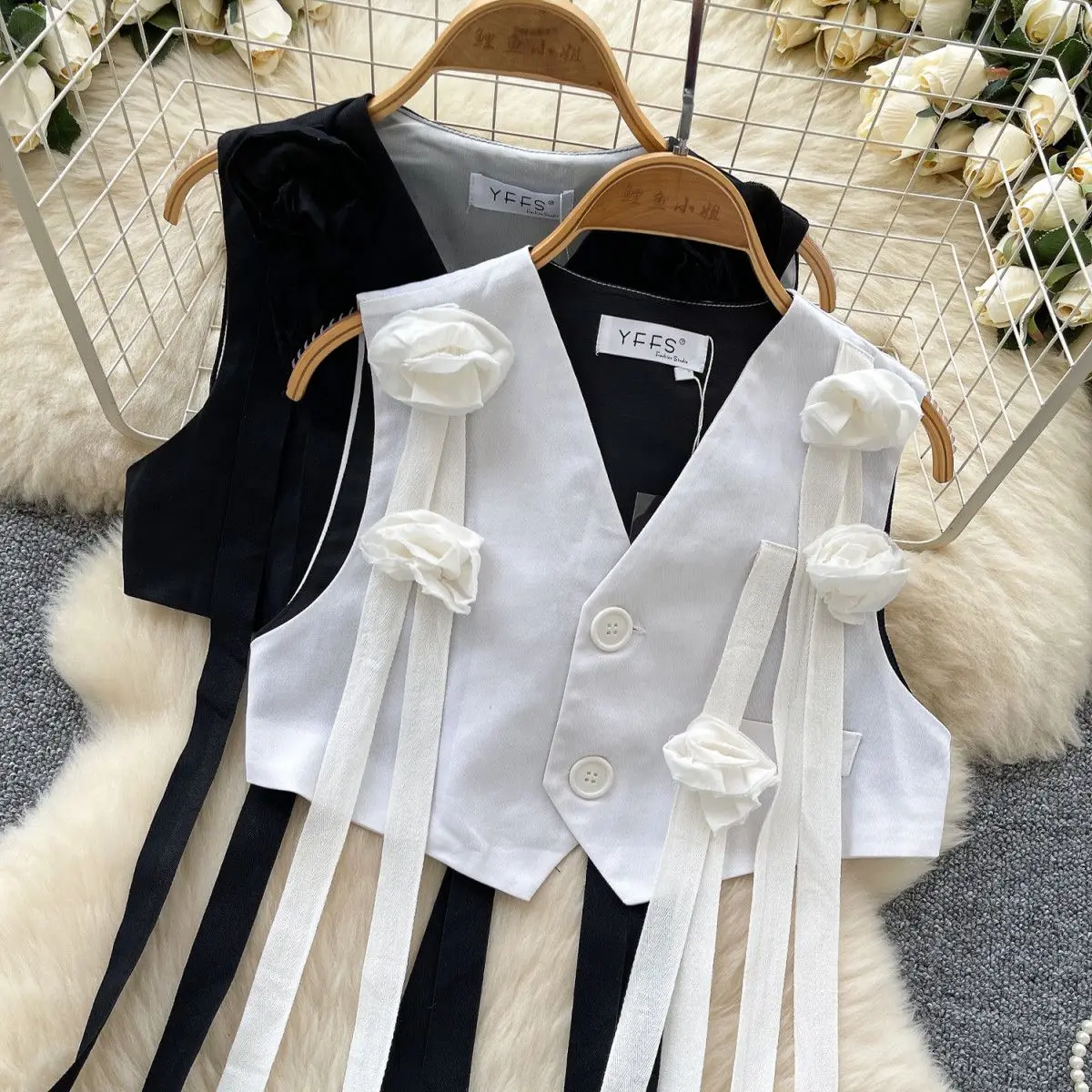 

Luxury Women Summer 3D Flowers Ribbons Tassels Waistcoat High Waist Streamer Fringed Suit Vest Jacket Cardigan Tank Crop Tops