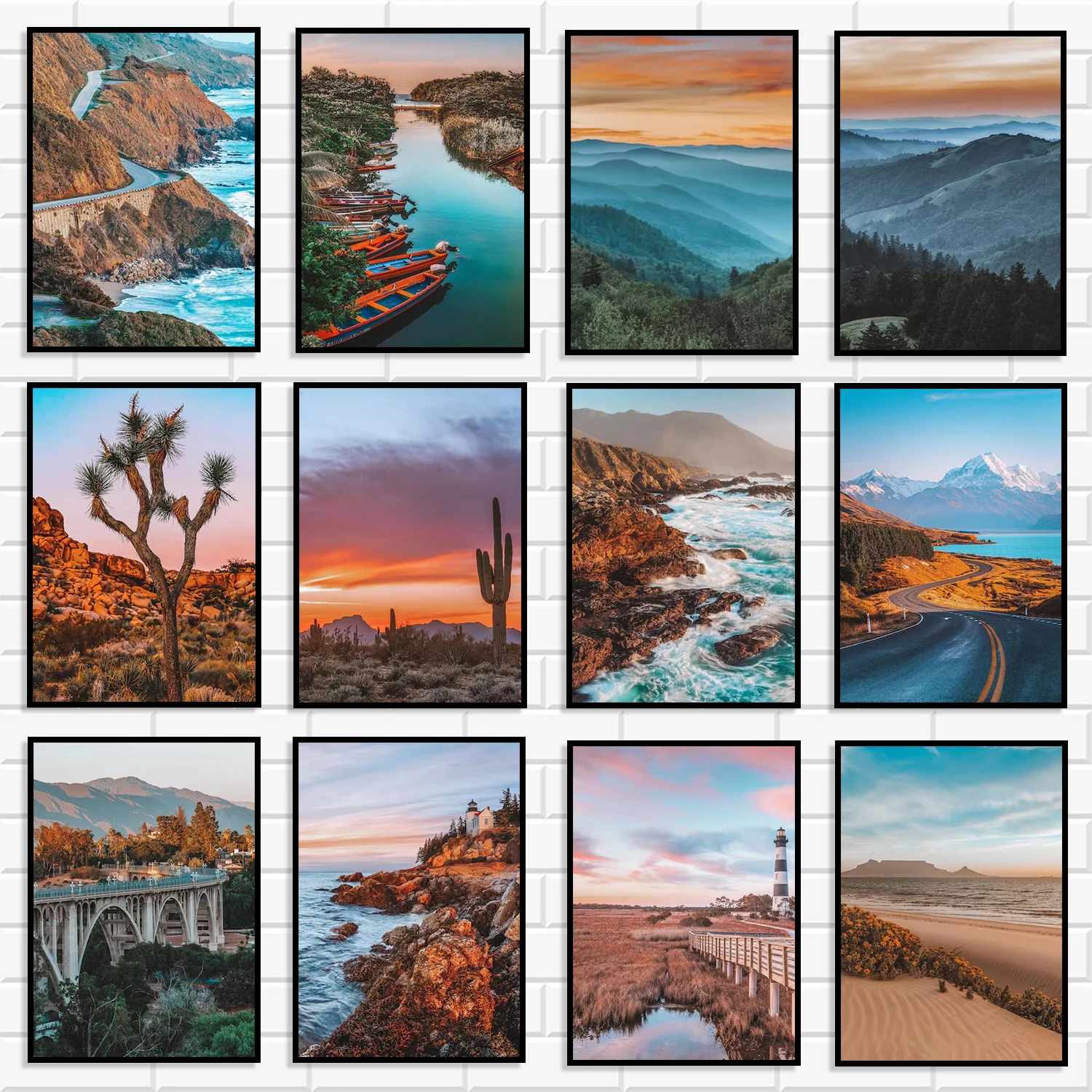 Nature Landscape Canvas Wall Art Set California Coastal Highway Desert Cactus Mountain Lake Lighthouse Scenery Print Home Decor