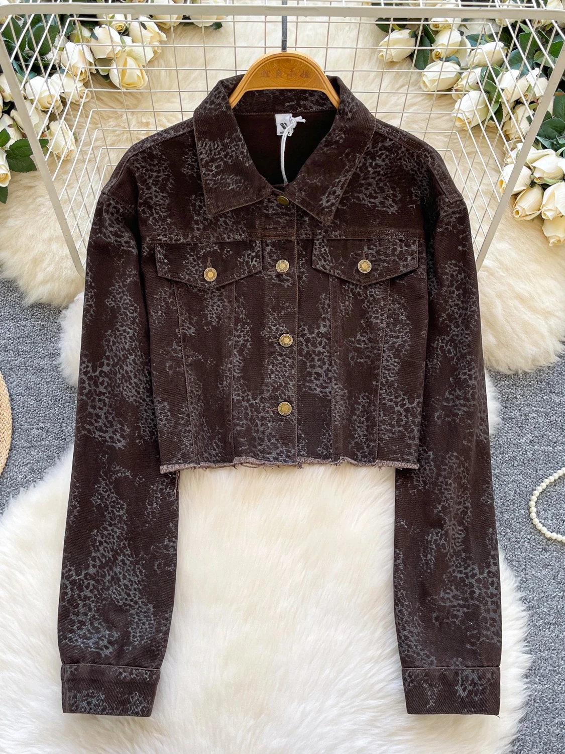 

Y2K Cropped Leopard Denim Jacket Women Vintage Streetwear Long Sleeve Slim Short Coat Korean Harajuku Female Hip Hop Tops Autumn