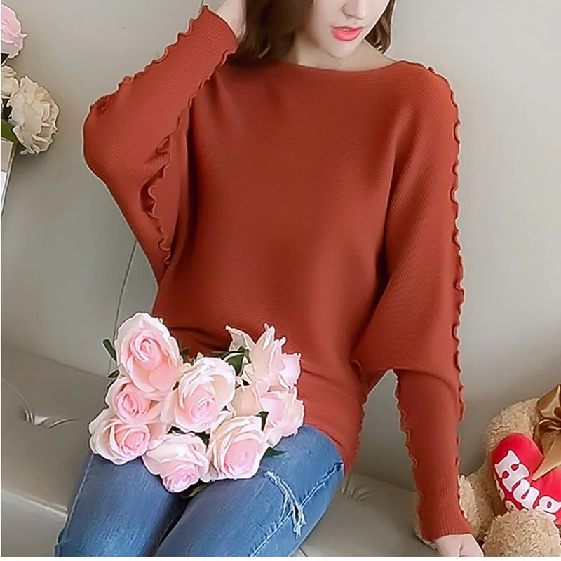 Women Knitted Pullover Tops Fashion Batwing Sleeve Ladies Autumn O-Neck Jumper Solid Casual Korea Pullovers and Sweaters Female