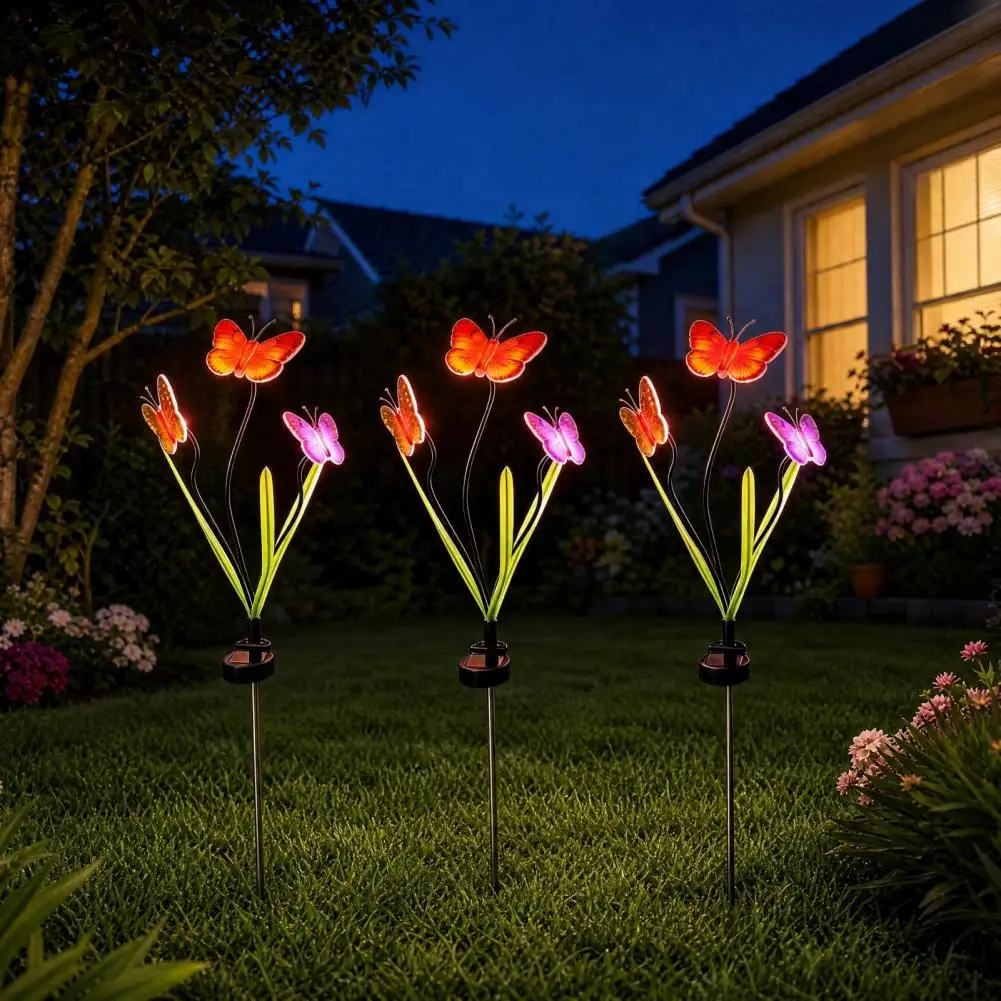 

3 Heads Solar Powered Butterfly Lamp Waterproof Creative Butterfly Stake Lights Realistic Cordless Garden Floor Lamp Outdoor Use