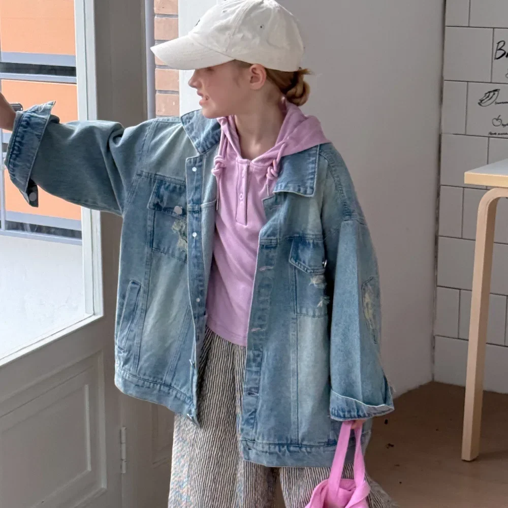 Kinder Kleidung Kinder Mode Lässig Denim Mantel 2023 Frühjahr Neue Koreanische Stil Mädchen Lose Design Sinn Alle Spiel Denim Top