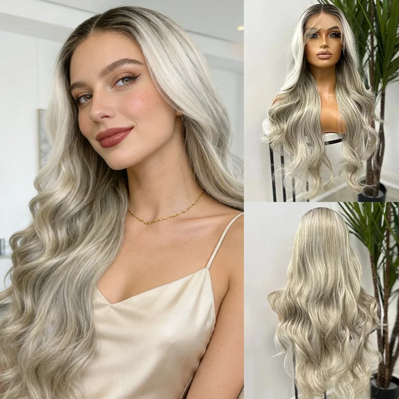 Cosplay anime	 Blond wig Long Synthetic Lace Front Wigs for Women Ashy Blonde Ombre Color with Natural Roots Glueless Party Wig