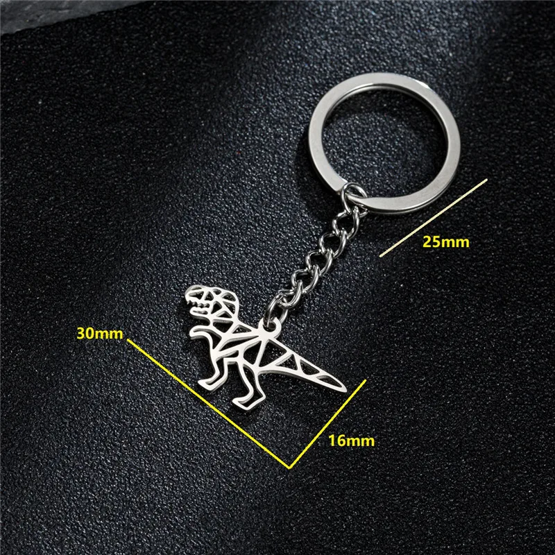 Origami Stainless Steel Dinosaur Pendant Keychain Gothic Animal Keyring Jewelry Cool Girls Schoolbag Keychains Gifts Accessories