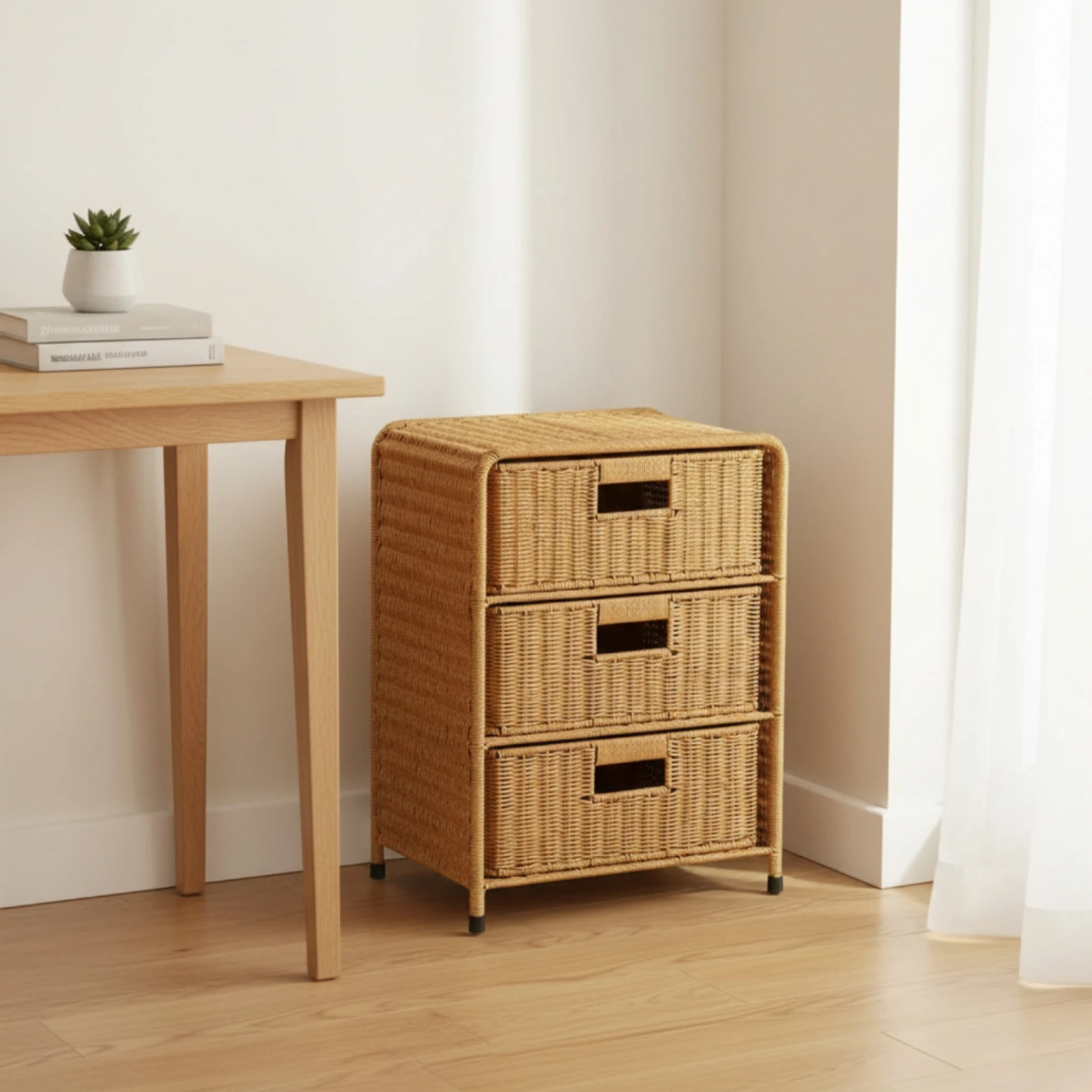 Rattan Bedside Cabinet Smooth-Gliding Nightstand with 3 Drawers Three-Drawer Nightstand Compact Furniture Space-Saving