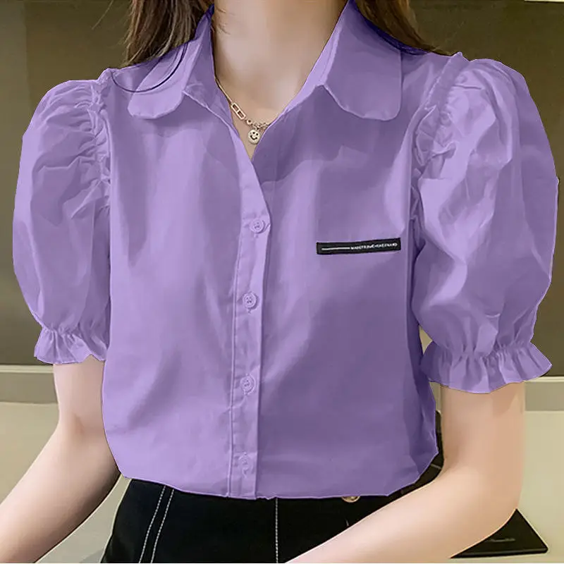 Blusa polo monocromática feminina com pescoço, manga curta, botão, camisa juvenil que combina com tudo, moda glamourosa, roupa feminina, nova, verão