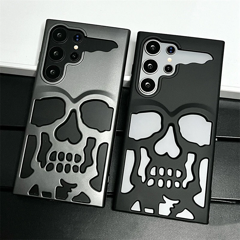

Matte Hollow Out Skull Head Phone Case For Samsung Galaxy S24 S23 Ultra S23 S24 Plus Metallic Color Shockproof Hard Back Cover