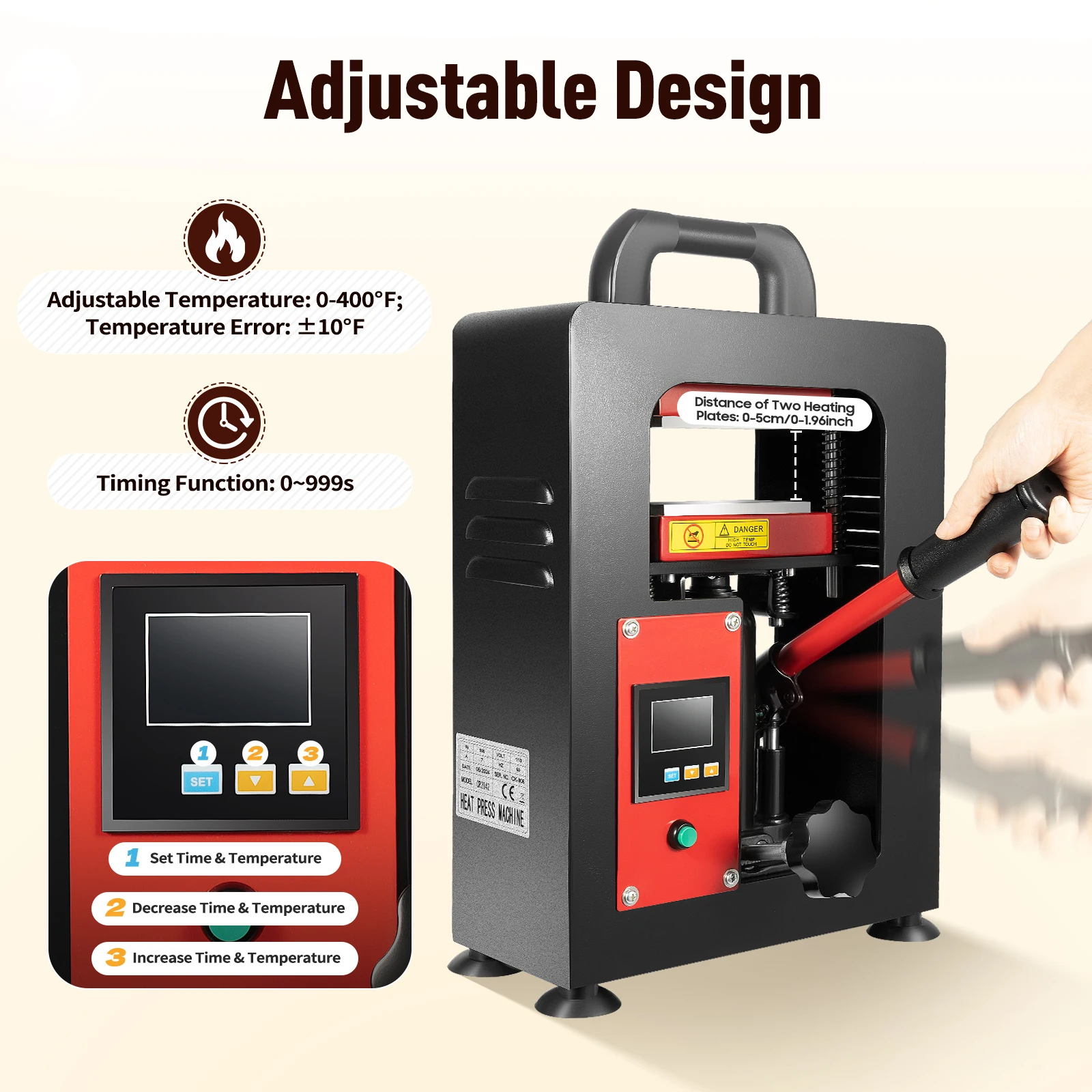 เครื่องกดยางมะตอยไฮดรอลิกแบบแมนนวล 5T เครื่องกดความร้อน 900W พร้อมจอแสดงผล LCD 482 ° F สำหรับด้ามจับแบบ T สำหรับสกัดน้ำมัน
