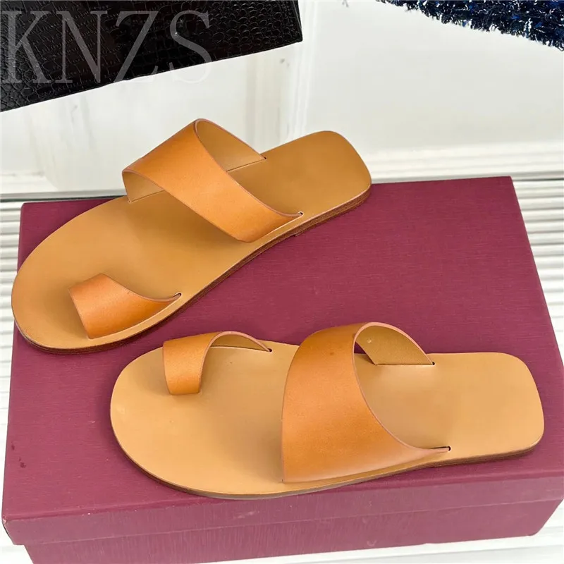 

Summer New Round Toe Genuine Leather Flat Slippers Woman Flip Flops Narrow Band Open-Toes Concise Casual Beach Shoes Women 2024