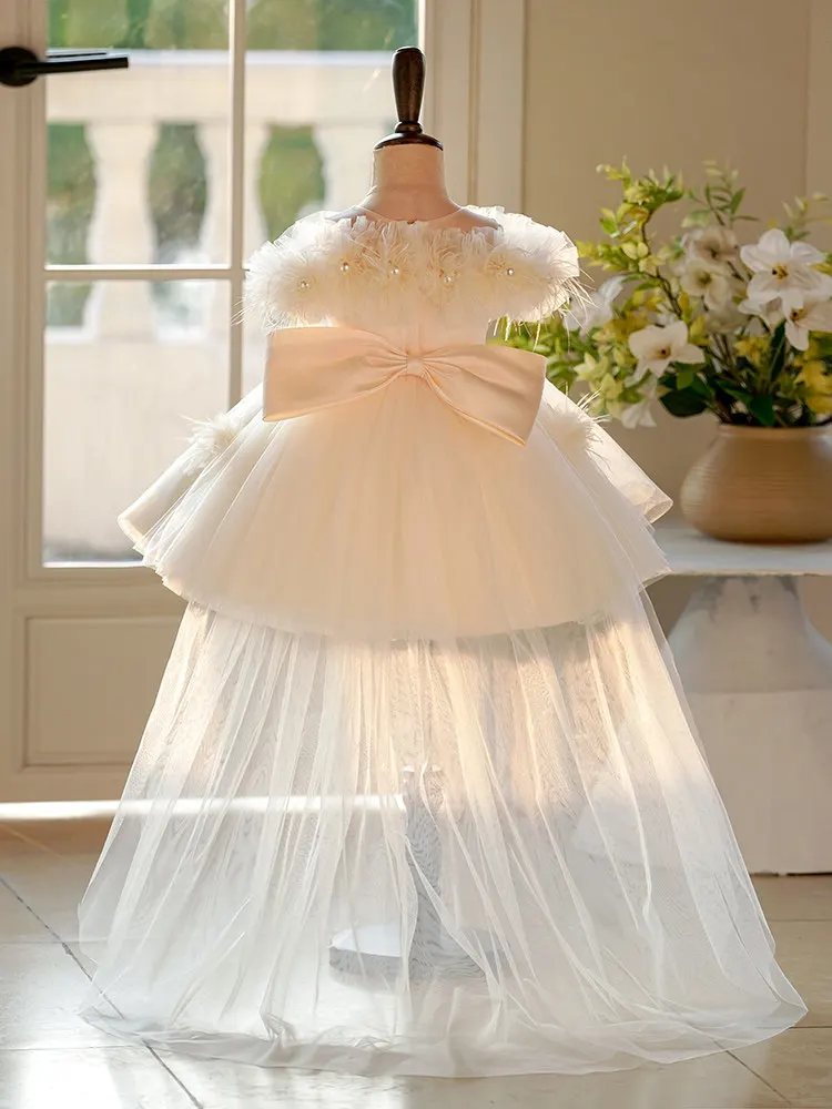 

Custom Feather Trim Big Bow Detachable Train Flower Girl Dress Wedding Gown for First Christmas Kids Birthday Party Princess