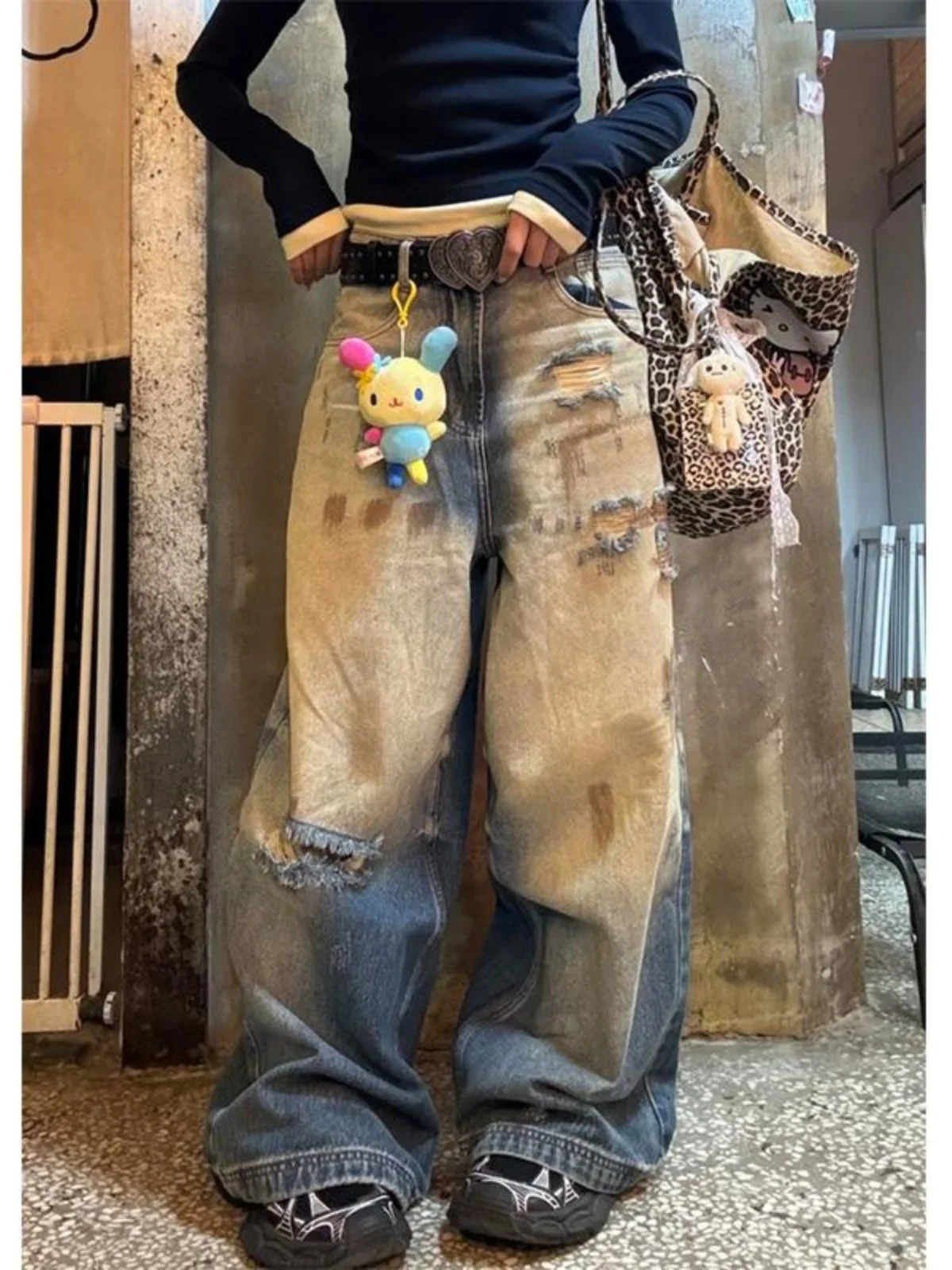 

Retro American Dirty Hole Denim Jeans Women's Straight Leg Long Pants Spring Summer New Street Washed out Fashion Dungarees