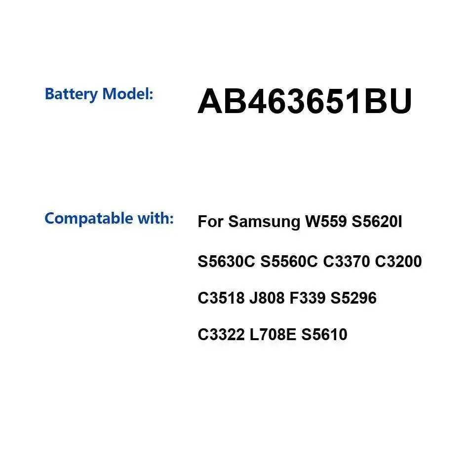 

Аккумулятор мобильного телефона AB463651BU 960 мАч для Samsung W559 S5620I S5630C S5560C C3370 C3200 C3518 J808 F339 S5296 C3322 L708E S5610