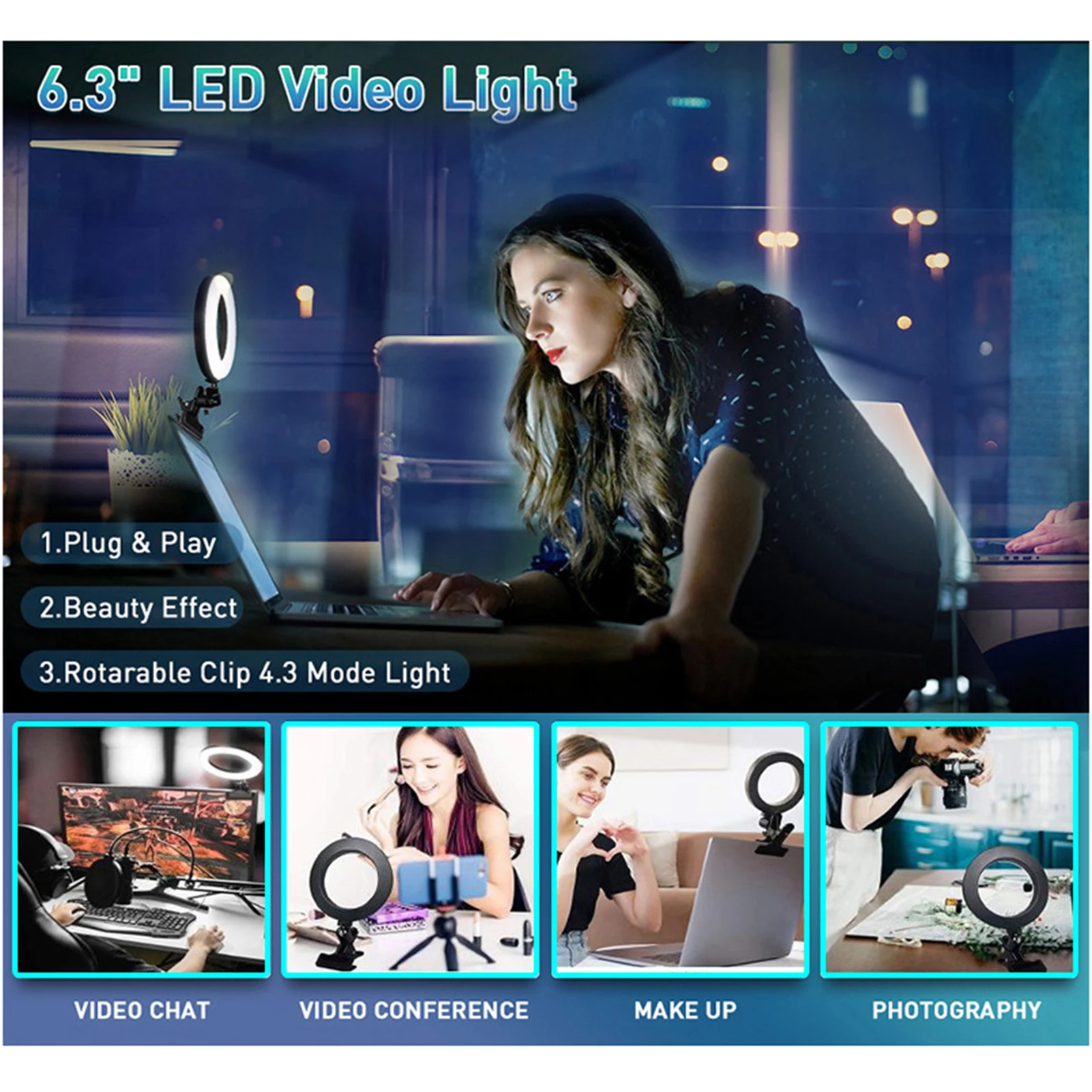 6inches LEDs Selfie  Light with Clamp USB Operated 3 Colors Temperature Changing/ 3 Levels Dimmable Brightness &