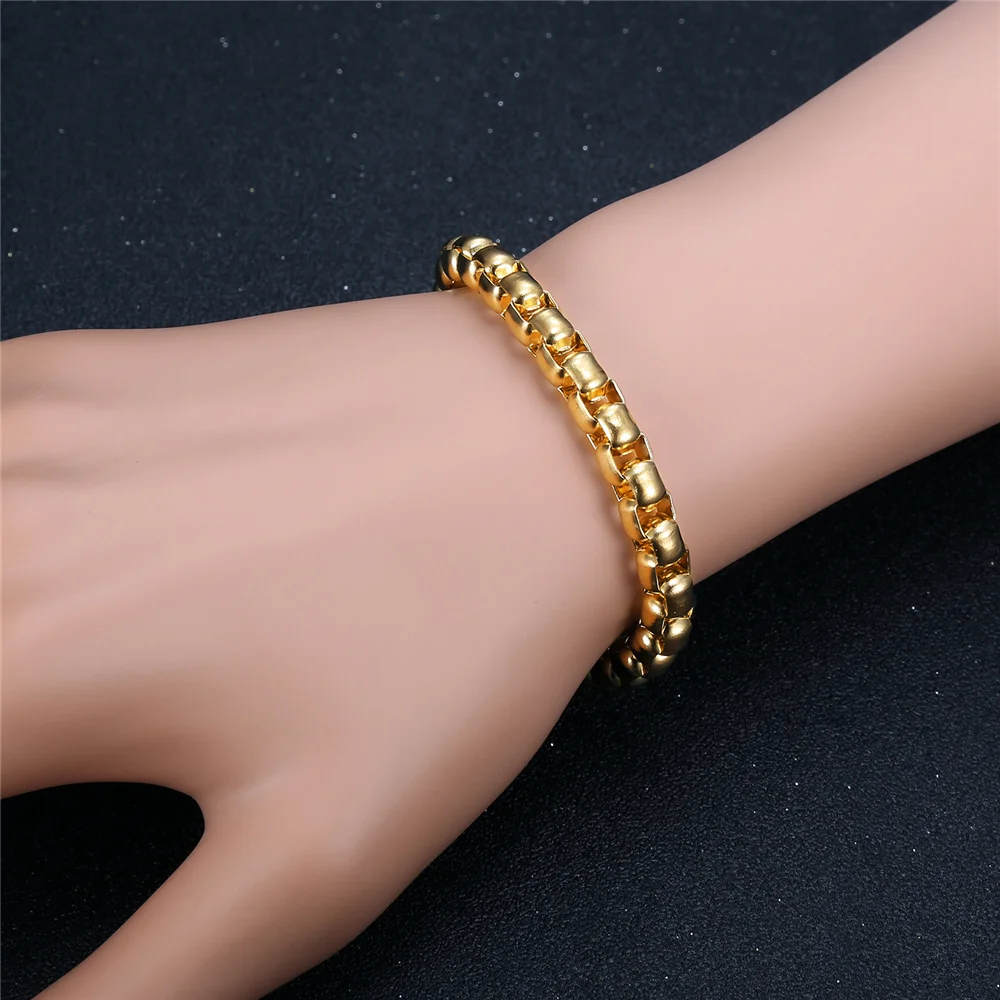 Trendy Chain Men Bracelet Hiphop Gold Color 4/6.5mm Width Box Link Chain Bracelet For Men Women Jewelry Braslet 2021